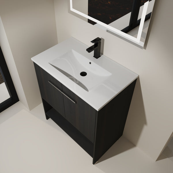 English Elm 30" Freestanding Bathroom Vanity With Soft Closing Doors & Integrated Ceramic Sink For Modern Spaces W1972S00018