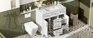 English Elm 36" White Bathroom Vanity Cabinet with Ceramic Sink, Gold Handles, Soft-Close Drawers & Adjustable Shelf N729P204177K