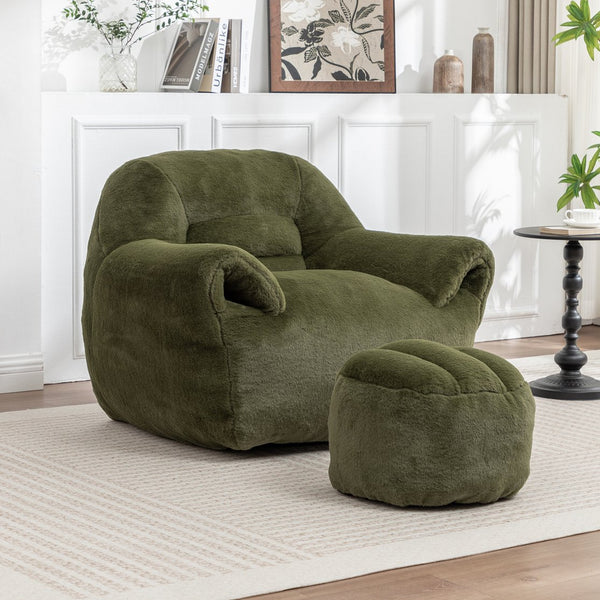 English Elm Bean Bag Chair - Luxurious Faux Fur Sofa With Back Support & Footstool For Ultimate Comfort & Style W2200P326906
