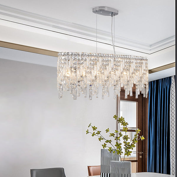 English Elm Silver Oval Iron Chandelier with K9 Crystal Teardrops for Dining Room or Foyer W2312P415971