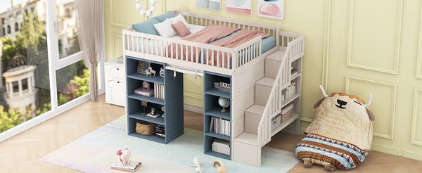 English Elm Full Size Loft Bed With Stylish Storage Cabinets, Privacy Curtain & Multi-Functional Design - White/Blue GX003006AAK