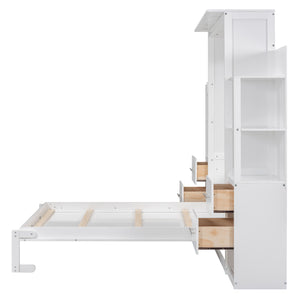 English Elm Full Size Murphy Wall Bed with Led Lighting Shelves Drawers and Fold Down Storage LP100565AAK