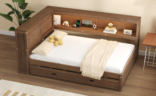 English Elm Full Pine Daybed with Trundle Sliding Storage Shelves Led Lighting and Usb Charging Wood GX004003AAD