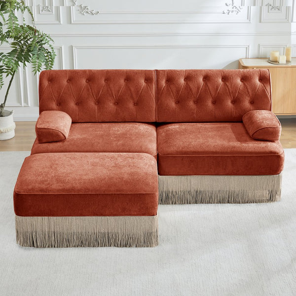 English Elm L-shaped Velvet Sectional Sofa Tufted Chesterfield Style with Tassel Skirt for Living Room Red+Brown W714S01720