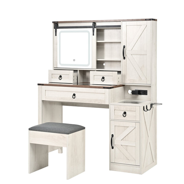 English Elm Farmhouse LED Vanity Desk with Sliding Mirror, Glass Top Storage, Built-In Charging Station & Stool White 37 L x 18.5 W x 13 H N733P340562K