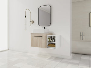 English Elm 36" Modern Floating Bathroom Vanity With Ceramic Sink, Storage Shelves, Soft-Close Doors & Style W999S00286