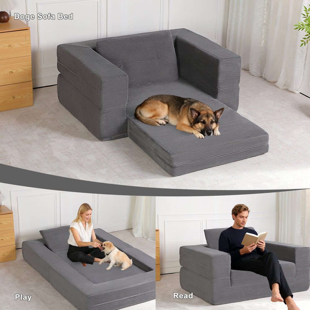 English Elm Compression Human Dog Sofa Bed 3-in-1 Folding Corduroy Floor Couch with Memory Foam Pillow for Living Room DARK GREY W3723P376784