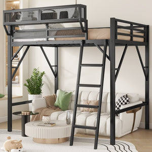 English Elm Full Size Loft Bed with Ladder & Built-In Shelves, Sturdy Metal High Loft for Kids Teens Black W2580P316646