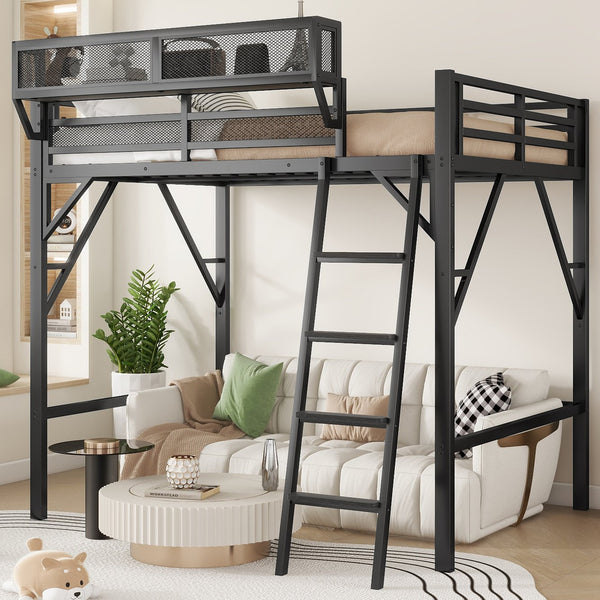 English Elm Full Size Loft Bed with Ladder & Built-In Shelves, Sturdy Metal High Loft for Kids Teens Black W2580P316646
