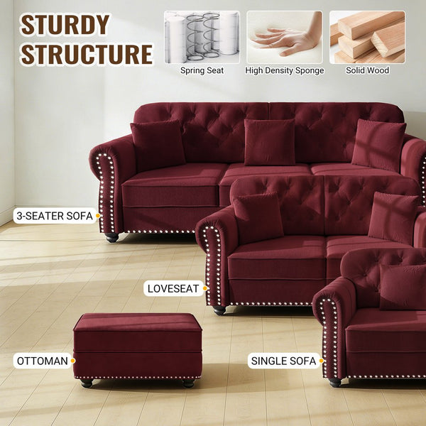 English Elm Upholstered Velvet Chesterfield Sofa with Button Tufting Brass Nailhead and Ottoman Burgundy W1885S00393