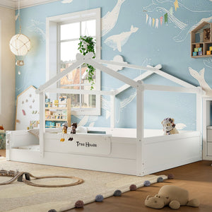 English Elm Queen House Shaped Kids Floor Bed Pine Wood Frame with Guardrails and Personalized Headboard Light White W1580P396334