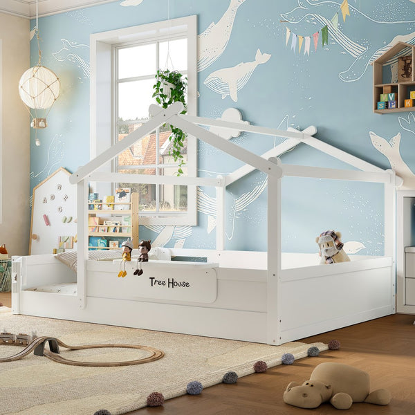 English Elm Queen House Shaped Kids Floor Bed Pine Wood Frame with Guardrails and Personalized Headboard Light White W1580P396334