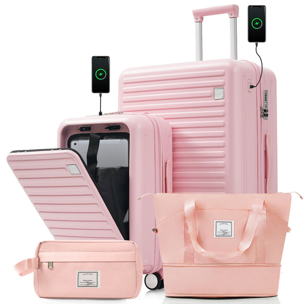 English Elm 4-piece Hard Shell Luggage Set with Usb Ports Tsa Lock and Front Access Carry-on Pink N726P268997P