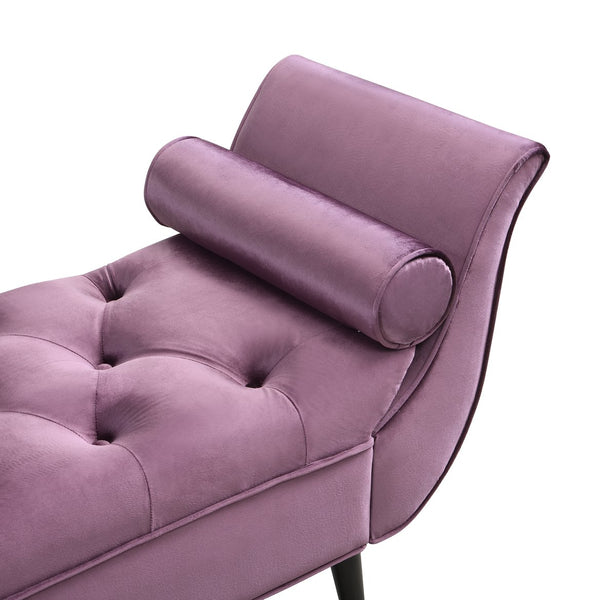 English Elm Upholstered Velvet Tufted Bench with Bolster Pillows Solid Oak Legs Bedroom Entryway Purple N761P304407P