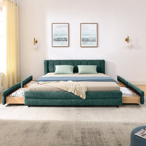 English Elm Queen Chenille Upholstered Storage Bed Wingback Headboard Platform Frame Bedroom Blue+Green W487S00419
