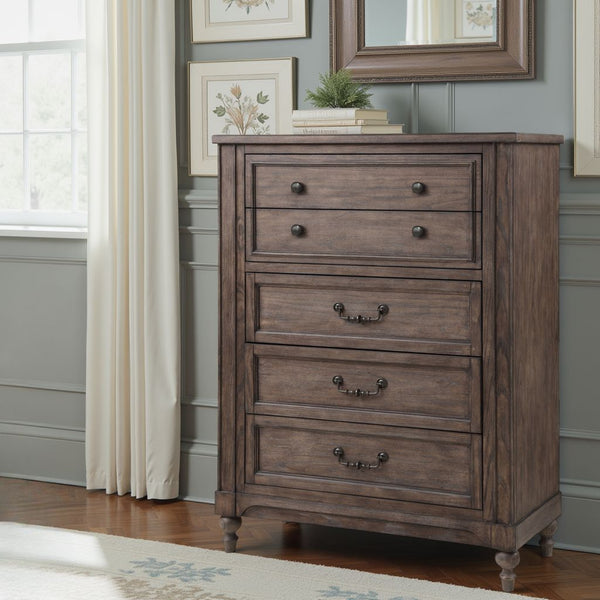 English Elm Middleton Five Drawer Chest Poplar Wood Vintage Hazel Finish with Pewter Hardware B108P468546