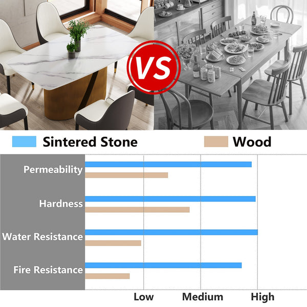 English Elm 63" Modern Dining Table With Curved White Sintered Stone Top & Bronze Iron Legs For 6-8 People W1535S00357