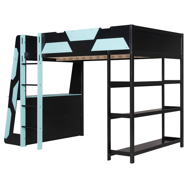 English Elm Full Size Gaming Loft Bed with Led Lighting Desk Shelves and Usb Charging Ports Black+Blue N820S00076C