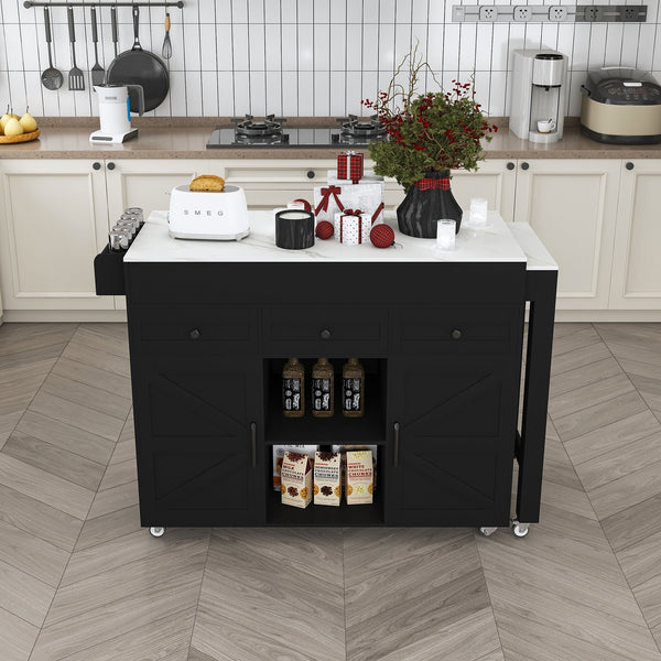 English Elm 74.8" Rolling Kitchen Island Extendable Marble Veneer Top with Power Outlet and Storage W2700S00106