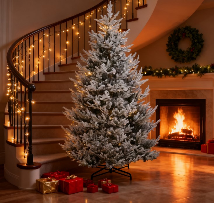 English Elm Flocked Artificial Pine Tree 9 Ft Nordic Winter Snow 1939 Tips Steel Base Indoor T3971P419188