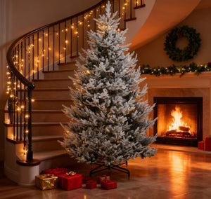 English Elm Flocked Artificial Pine Tree 9 Ft Nordic Winter Snow 1939 Tips Steel Base Indoor T3971P419188
