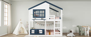 English Elm Full Bunk Bed with Trundle Bookshelf Storage Pine Frame Car Design for Kids White W1580S00552