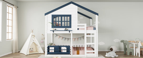 English Elm Full Bunk Bed with Trundle Bookshelf Storage Pine Frame Car Design for Kids White W1580S00552