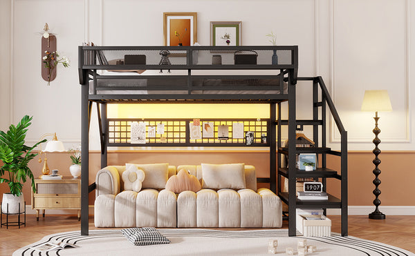 English Elm Queen Metal Loft Bed with Staircase Wardrobe Rgb Lighting Industrial Frame W2580S00067