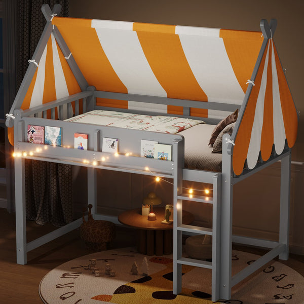 English Elm Full Size Solid Wood Loft Bed with Canopy Led Lighting and Integrated Bookshelf Gray N7090002242E
