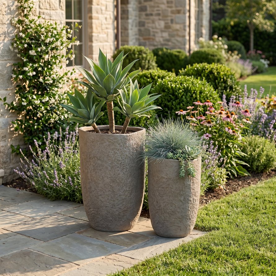 English Elm Round Concrete Sculptural Planter Duo Handcrafted Porous Finish Patio Garden Home W347P465319