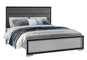 English Elm ADELAIDE King Bed with Upholstered Headboard, Solid Wood Frame, Sleek Silver Trim and LED Lighting Black,Grey 82 L x 7.5 W x 38.25 H B201S00089