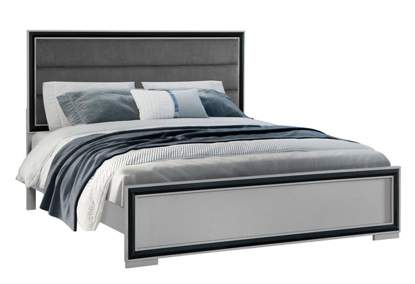 English Elm ADELAIDE King Bed with Upholstered Headboard, Solid Wood Frame, Sleek Silver Trim and LED Lighting Black,Grey 82 L x 7.5 W x 38.25 H B201S00089