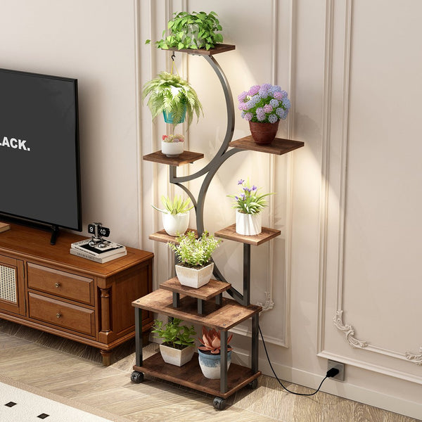 English Elm Plant Stand with Full Spectrum Grow Lights 8 Tier S Shaped Iron Corner Display Rack Black+Brown W2641P446499