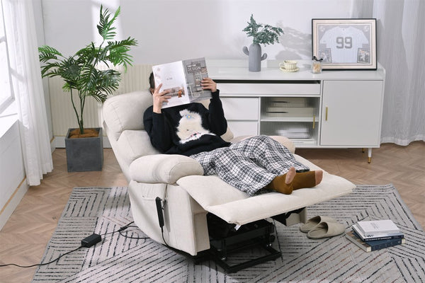 English Elm Oversized Power Lift Recliner Chair with Remote Control, Spacious Fabric Seat and Side Pocket for Comfort and Support Light Gray W1028P261273