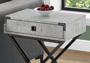 English Elm Accent Table Grey Laminate with Storage Drawer & Black Metal X Legs — Contemporary Retro Nightstand B2710P219332
