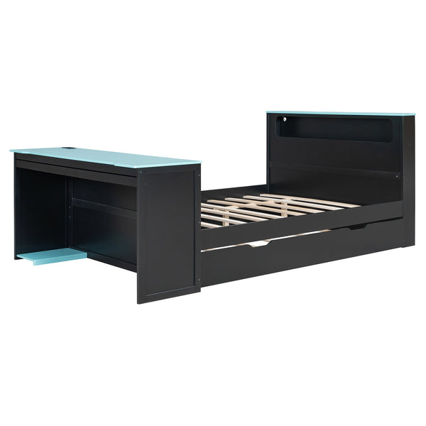 English Elm Full Size Wood Platform Daybed with Trundle Desk Rgb Led Lighting Gaming Bedroom Black+Blue LT000284AAC