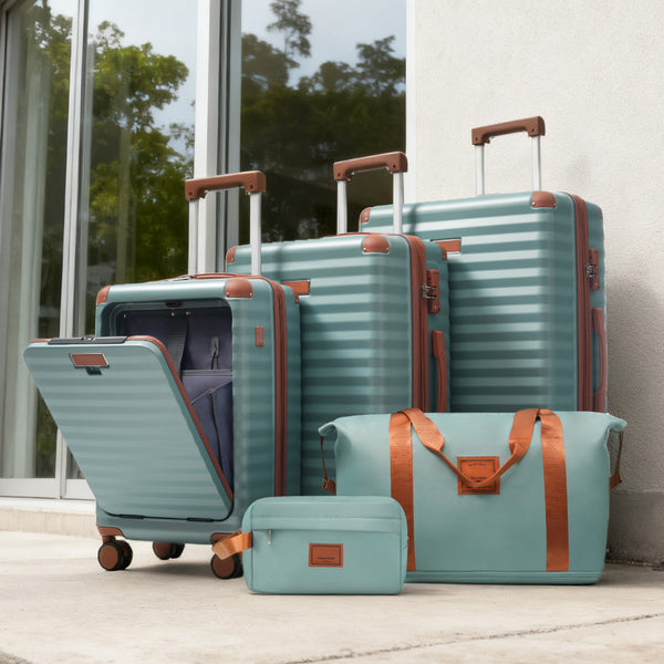 English Elm Luggage 5 Piece Abs Hardshell Travel Set with Usb Port Spinner Wheels and Tsa Lock Antique Blue Green N732P265290M