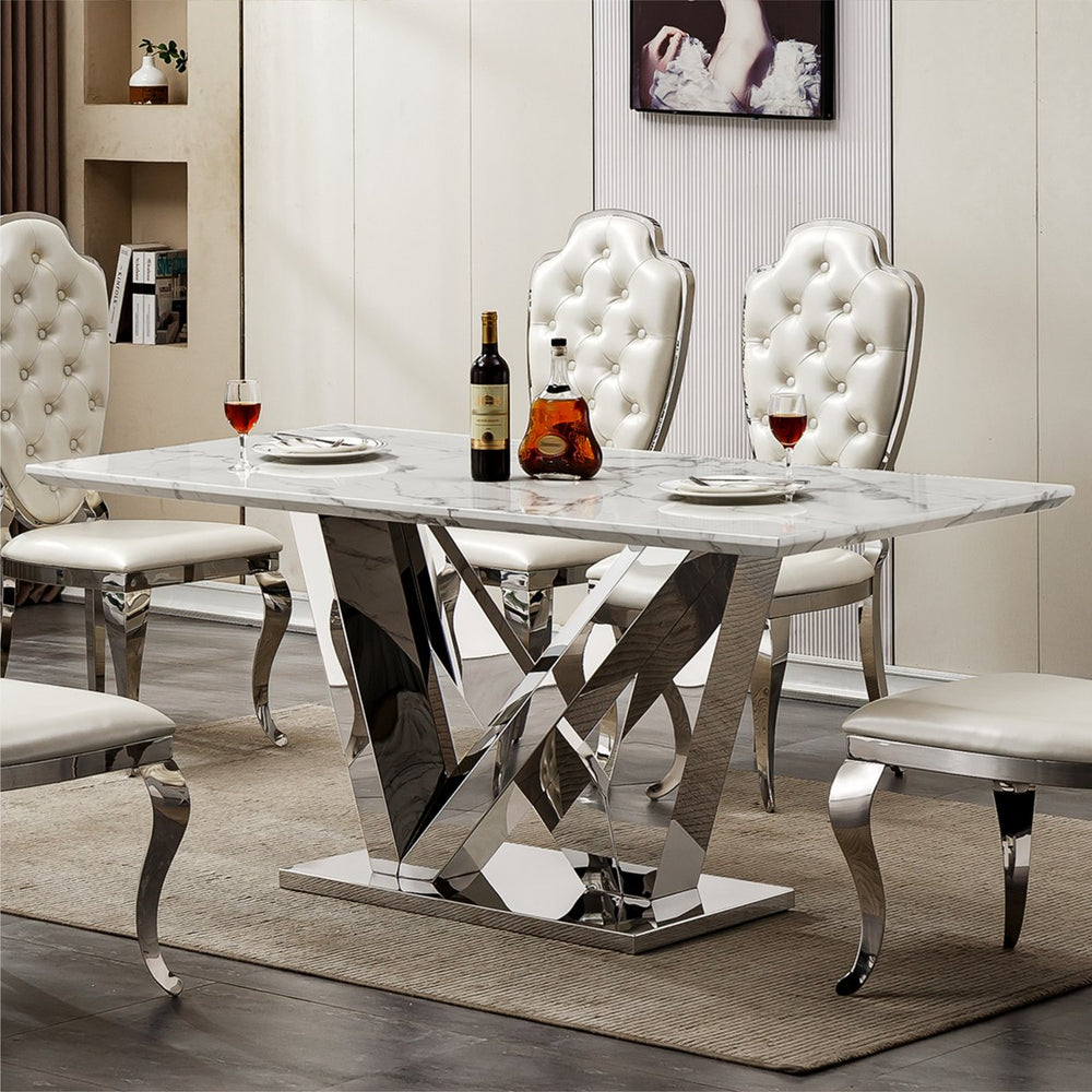 English Elm Marble Dining Table For 6 - Modern 70'' Rectangle Faux Marble Top With Mirrored Stainless Steel Base W3456S00042