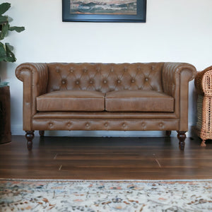 English Elm Solid Buffalo Leather Chesterfield 2-Seater Sofa in Brown Buffalo Hide, Solid Mango Wood Legs, Deep Tufted Classic Appeal B182P279308