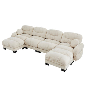 English Elm Pleated Chenille U-shape Modular Sectional Sofa with Ottomans and Ergonomic Foam Cushions Beige W5656S00045