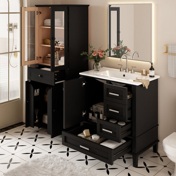 English Elm 67.57" Tall Matte Cabinet Vanity Combo with Glass Doors Soft-close Drawers Sink Black N729P000033B