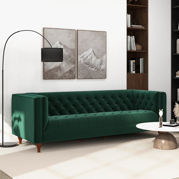 English Elm Ashcroft Furniture - Evelyn Mid Century Modern Dark Green Velvet Luxury Chesterfield Sofa