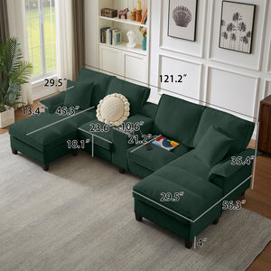 English Elm 120" Modular Corduroy Sectional Sofa Bed with Storage, U-Shaped 4-Seater, Cup Holders & Console Green W1359S00011