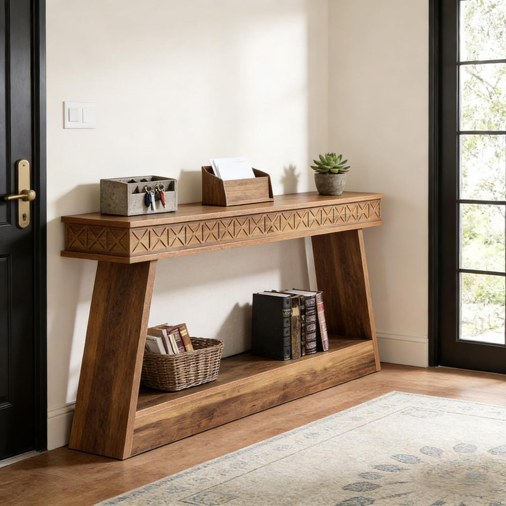 English Elm Hall Console Table Industrial Rustic Two Tier Wood Tone Metal Frame Entryway Sofa T3971P451575