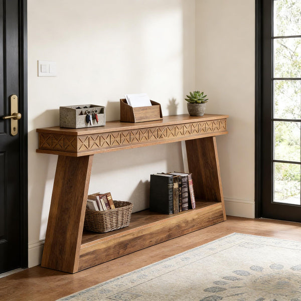English Elm Hall Console Table Industrial Rustic Two Tier Wood Tone Metal Frame Entryway Sofa T3971P451575