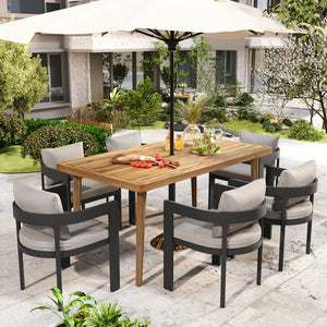 English Elm Christopher Knight Home® - Elko Janiyah 7-Piece Outdoor Dining Set With Beige Cushions & Acacia Wood Table, Modern Comfort ELKOJANI7PCDSETB