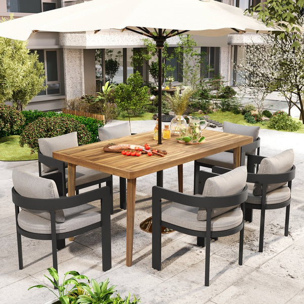 English Elm Christopher Knight Home® - Elko Janiyah 7-Piece Outdoor Dining Set With Beige Cushions & Acacia Wood Table, Modern Comfort ELKOJANI7PCDSETB