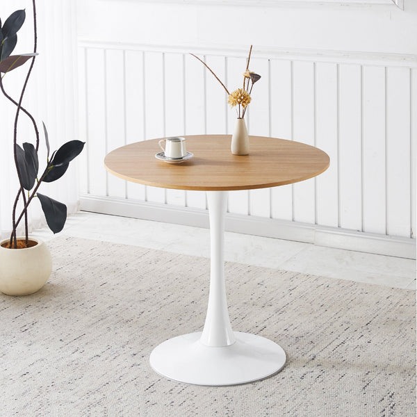 English Elm 31.5" Round Mdf Pedestal Dining Table Mid-century Modern Sculpted Base Seats Four Oak W234P405177