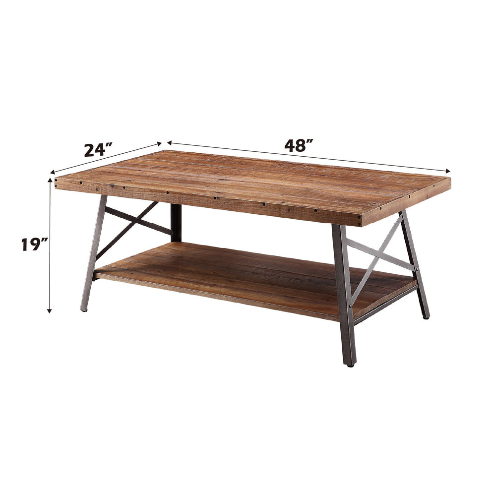 English Elm Ikram Industrial Pine Veneer Coffee Table with Open Shelf and X-frame Metal Base B2726P448746