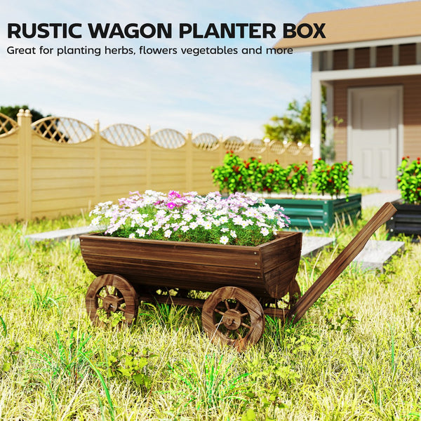 English Elm Outsunny Carbonized Fir Wood Wagon Planter on Wheels Rustic Farmhouse Garden Cart W2225P485575